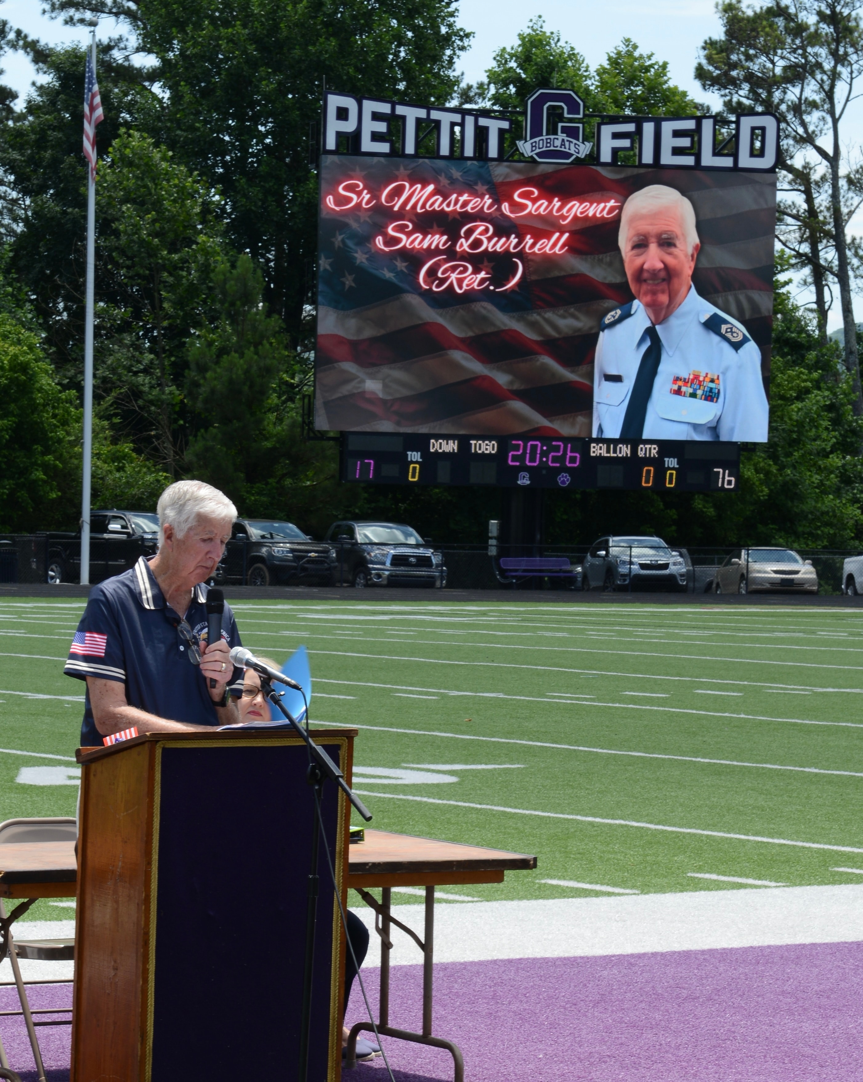 Rev. Reuben Smith delivering the invocation at the Flag Day ceremony at Pettit Field
