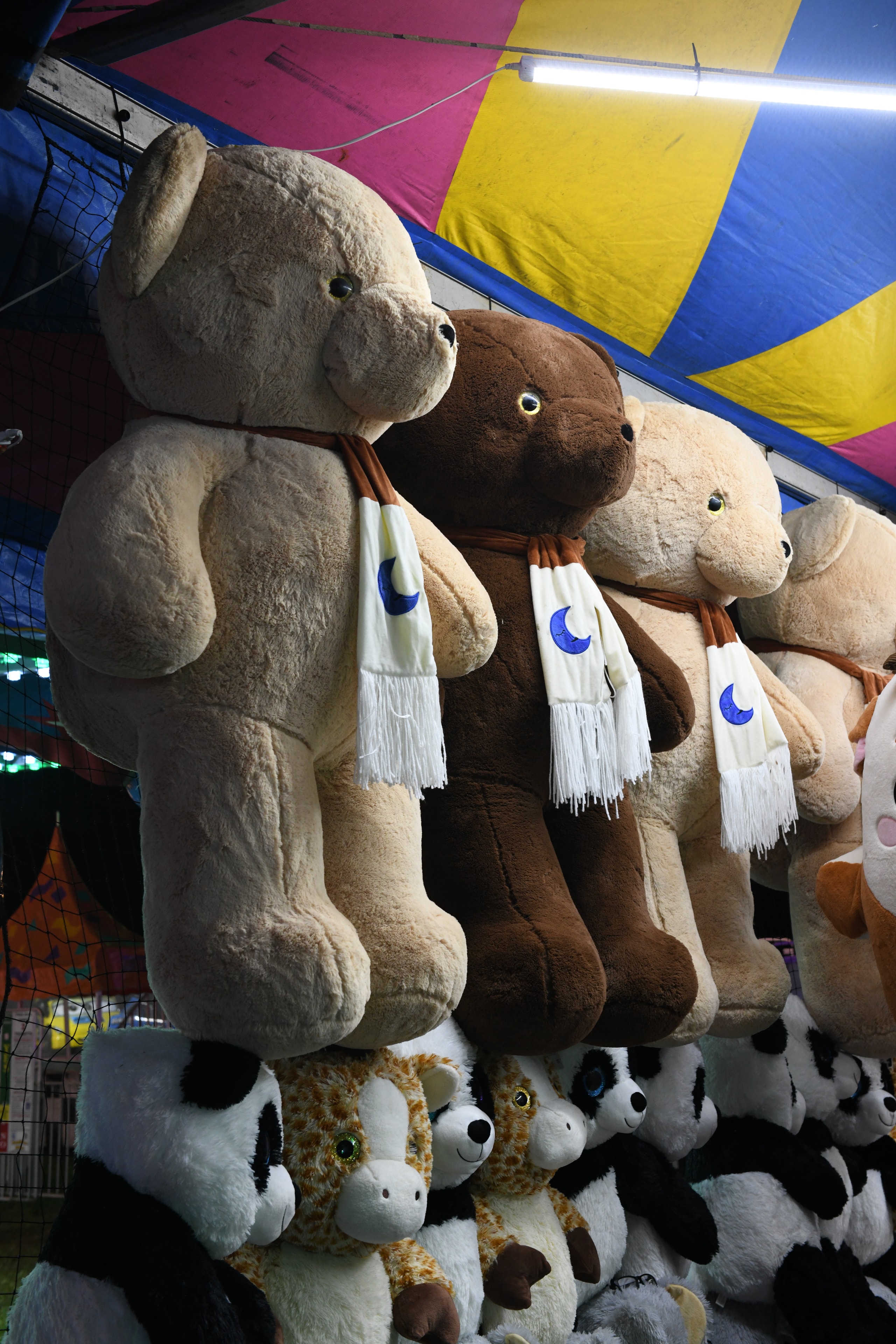 Stuffed bears and pandas at a carnival booth at the Gilmer County Fair